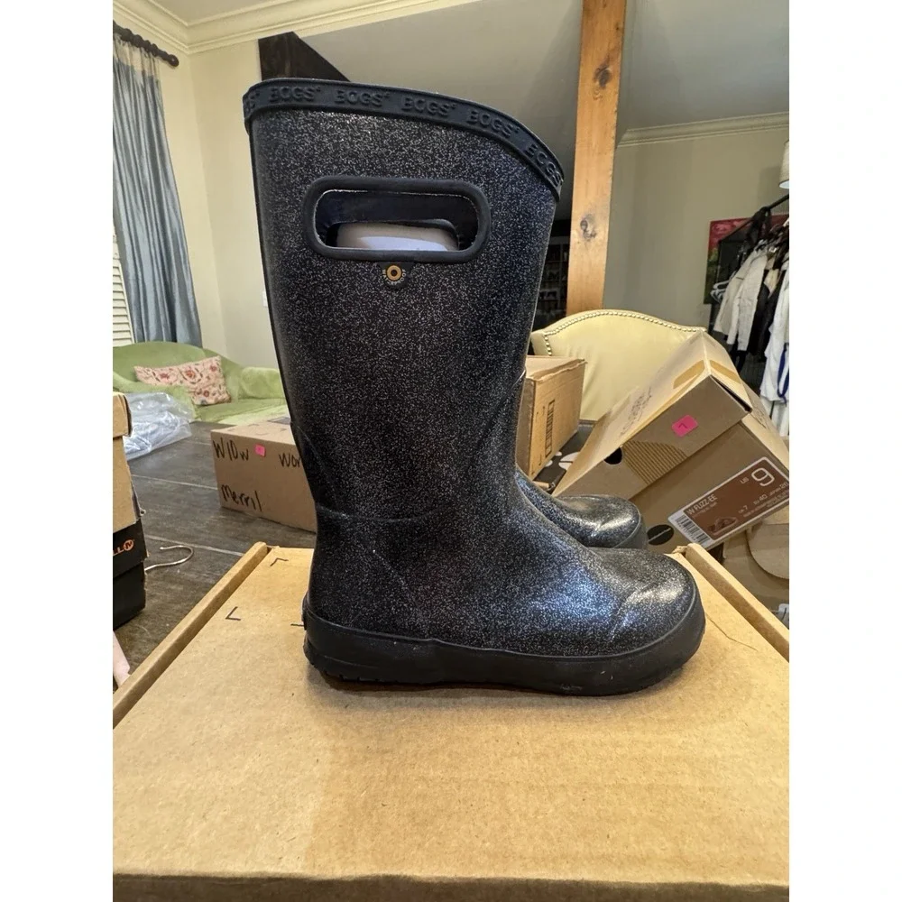 Bogs Rainboot Glitter‎ Boots Black Youth Size 1 Sparkle